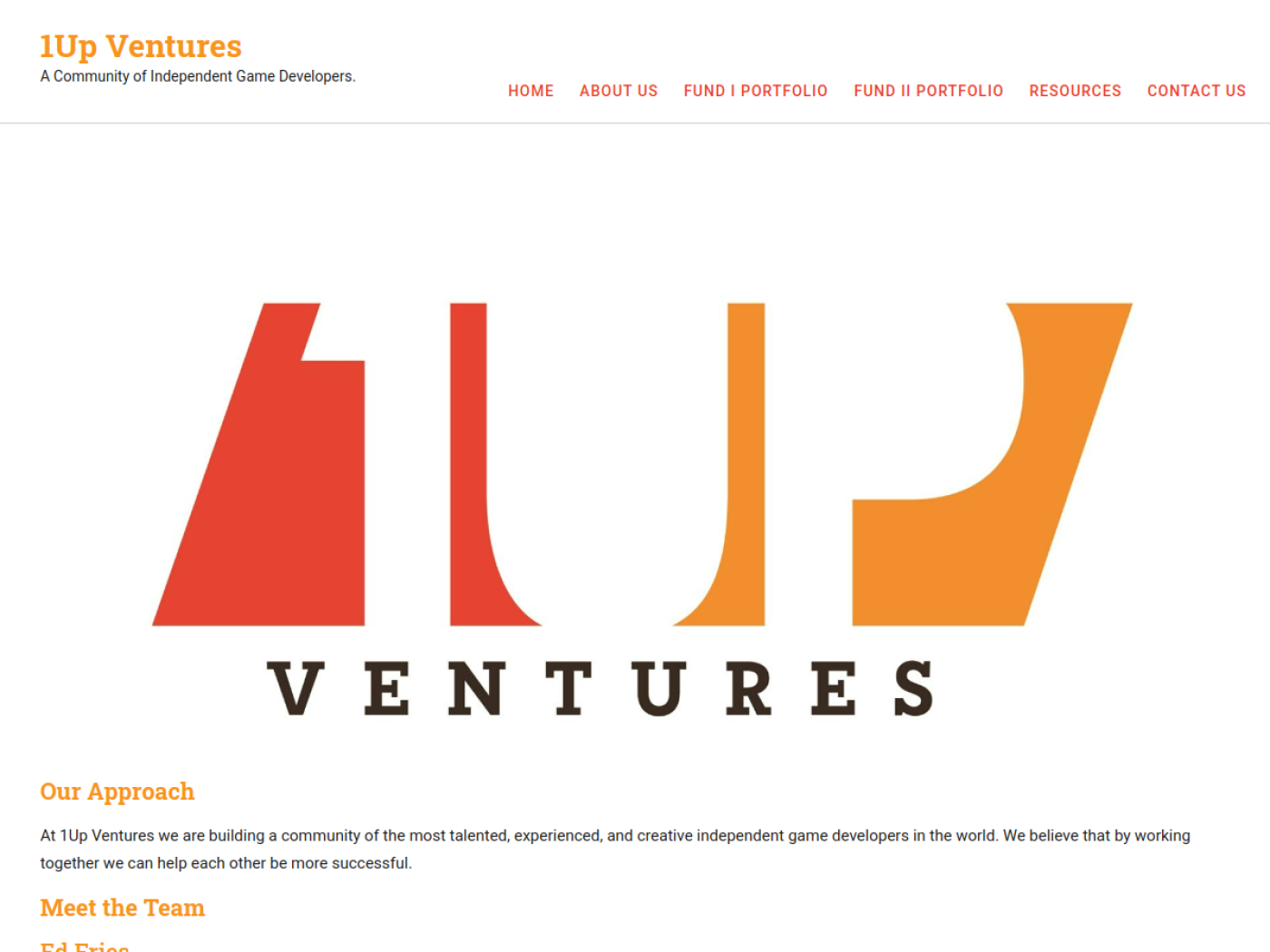 1Up Ventures homepage, a community of independent game developers