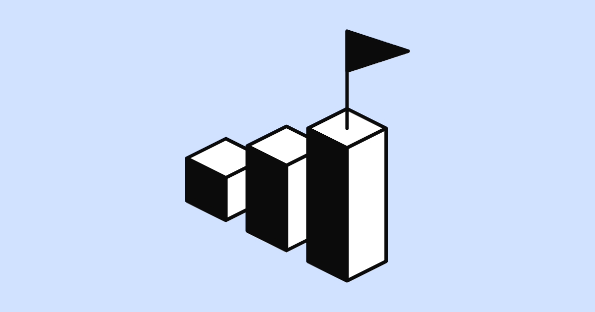 Isometric illustration of three ascending milestone blocks with a flag