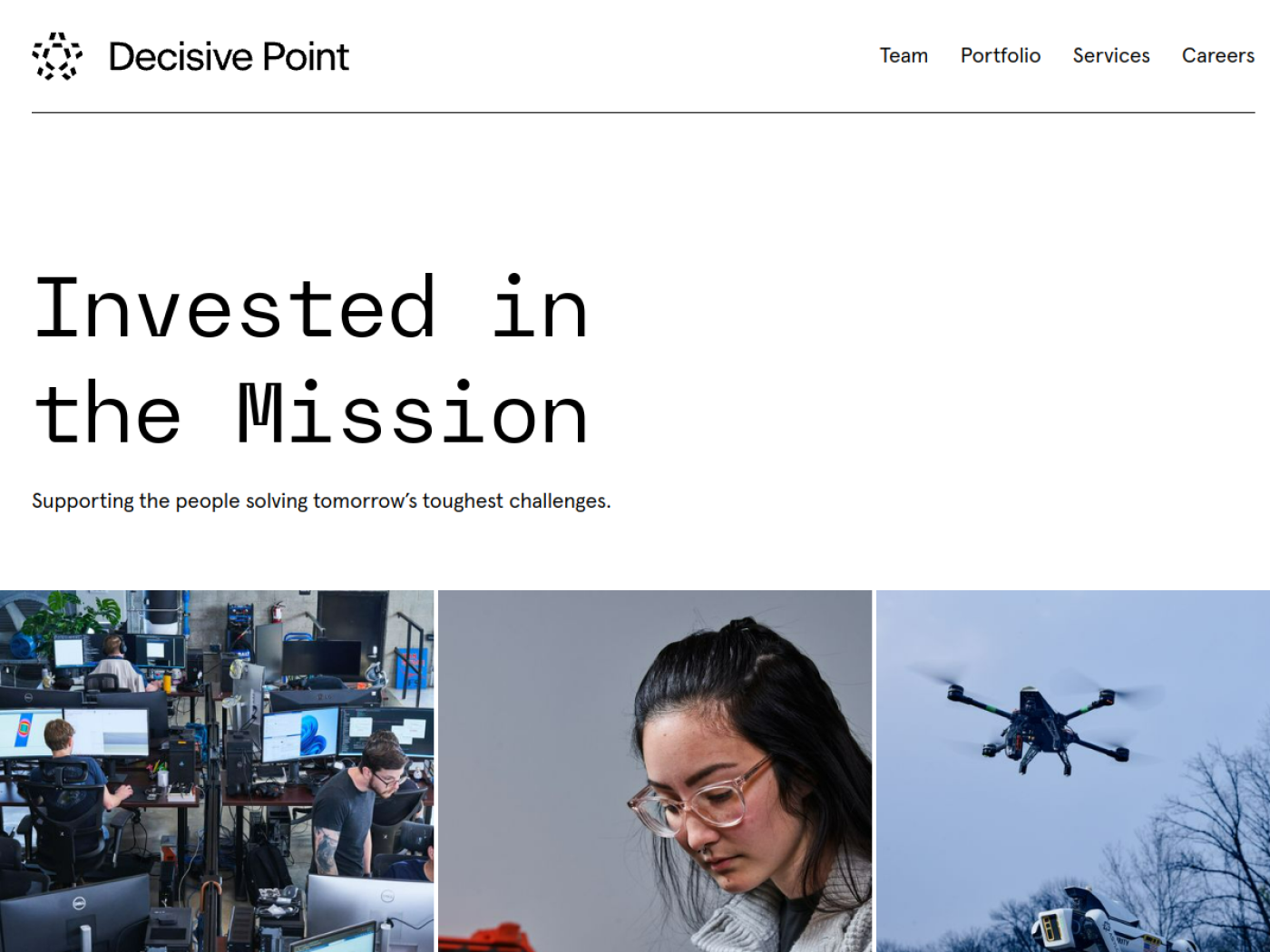 Decisive Point homepage showing its Invested in the Mission hero