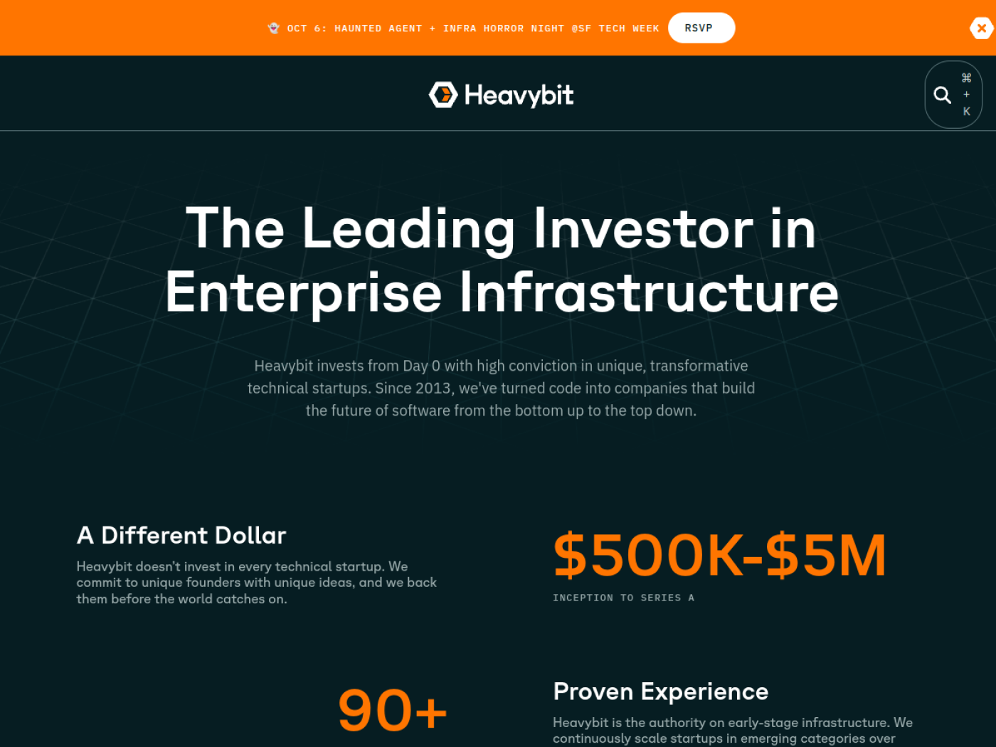 Heavybit homepage showing its check size range