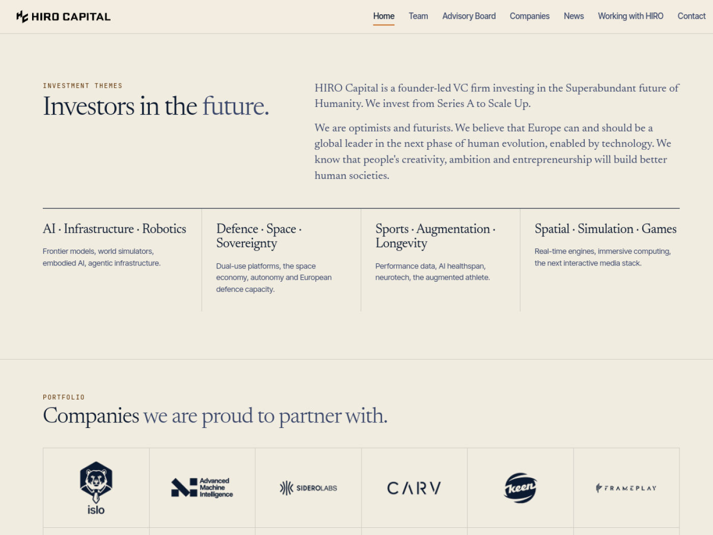 HIRO Capital homepage showing its four investment themes including Spatial, Simulation and Games