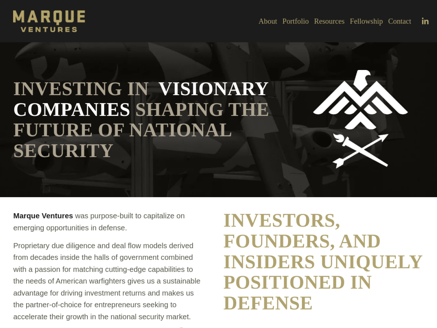 Marque Ventures homepage describing its national security focus