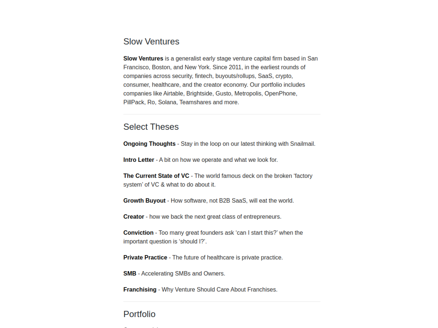 Screenshot of the Slow Ventures about page listing the creator economy among its sectors
