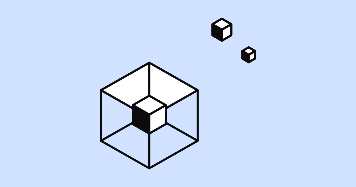 Isometric illustration of an open cube containing a solid cube, representing immersive space